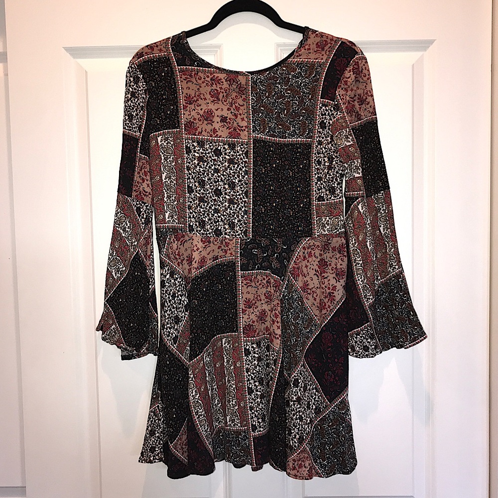 AEO Boho Floral Patchwork Mini Dress Bell Sleeves